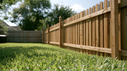 Obraz premium Wooden picket fence in a green backyard garden with fresh grass lawn on a sunny day in suburban neighborhood landscape view for design project