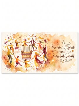 Watercolor illustration depicting Jewish people dancing in a joyful circle around a Torah scroll, celebrating the holidays of Shemini Atzeret and Simchat Torah with warm autumn colors.