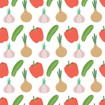 Vegetable seamless pattern onion garlic cucumber red bell pepper farm food background vector template