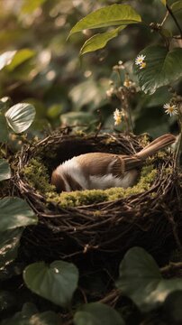 Small wild bird sitting in nest on tree, wildlife animal nature outdoor birdwatching AI-Generated