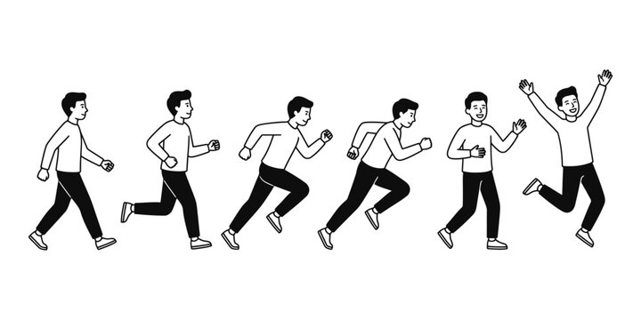 Step by step running man character motion progression vector illustration with character animation walking cycle running sequence action poses