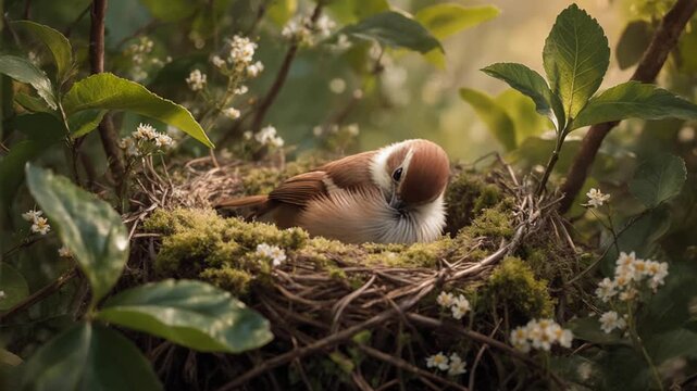 Small wild bird sitting in nest on tree, wildlife animal nature outdoor birdwatching AI-Generated