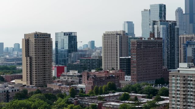 Aerial footage of Skyscrapers and office buildings in the skyline in Chicago Illinois USA