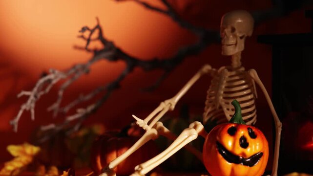 Camera glide from branch and skeleton decor toward a glowing lantern fireplace for Halloween backgrounds and cozy autumn interiors