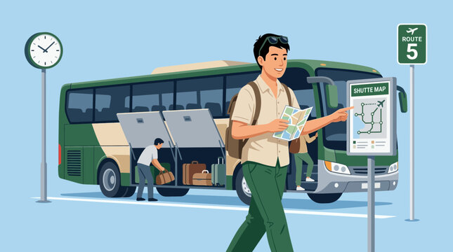 Traveler with map at bus station, loading luggage, shuttle bus route