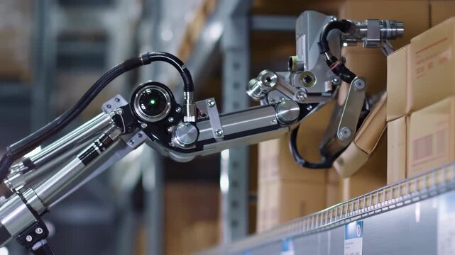 Robotic arm grips and moves cardboard box beside stacked parcels on warehouse shelving, showing automated material handling with metal machinery and shallow depth of field