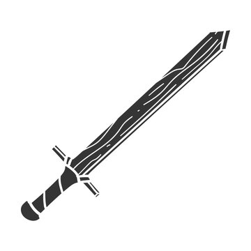 Hand drawn black and white doodle vector icon of a Spartan wooden training sword