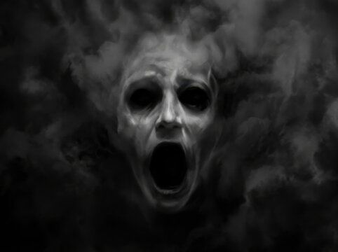 Ethereal ghostly face emerging from dark swirling smoke, horror and supernatural concept art