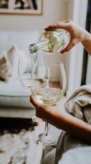 Obraz premium Hands elegantly pour white wine into two glasses in a softly lit, modern interior. This refined lifestyle moment exudes relaxation and understated luxury.