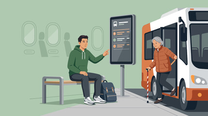 Fototapeta premium Young Man Helps Elderly Woman Board Bus at Station with Digital Display