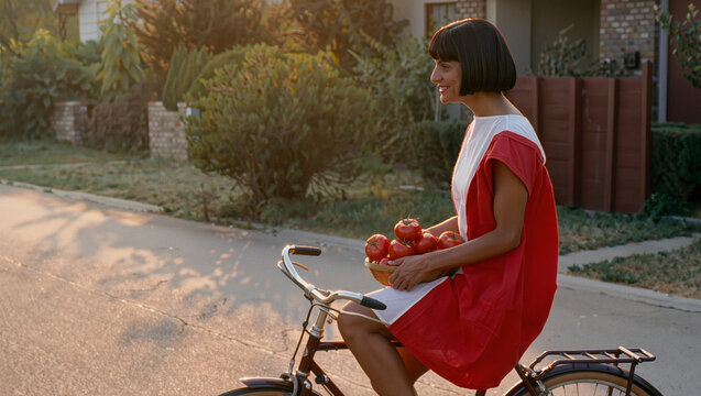 Woman with Basket of Tomatoes on Vintage Bicycle at Sunset