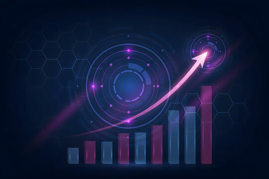 Financial bar chart with glowing purple arrow and circular digital interface on a dark blue background, representing market growth