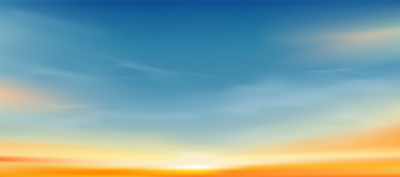 Sunset blue sky background soft clouds, orange yellow, Horizon golden hour landscape,Panorama sun dawn over sea beach in Autumn Summer,Beautiful sunrise sky winter seasonal nature design.
