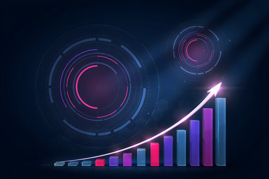 Financial bar chart with glowing purple arrow and circular digital interface on a dark blue background, representing market growth
