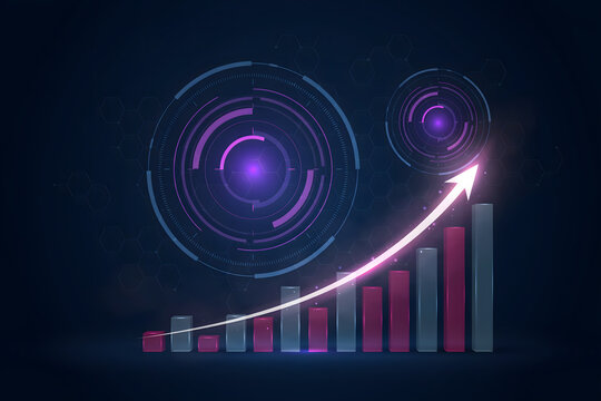 Financial bar chart with glowing purple arrow and circular digital interface on a dark blue background, representing market growth
