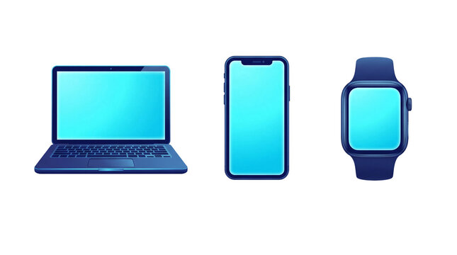 Modern digital device mockups, blue laptop smartphone and smartwatch set, electronic gadget collection for responsive web design isolated PNG with Transparent Background