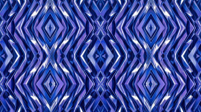 Abstract geometric pattern featuring repeating diamond shapes in vibrant shades of deep blue metal with complex metallic texture bright blue highlights