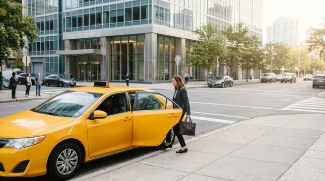 Woman exiting yellow taxi cab in front of modern office building, urban commute concept