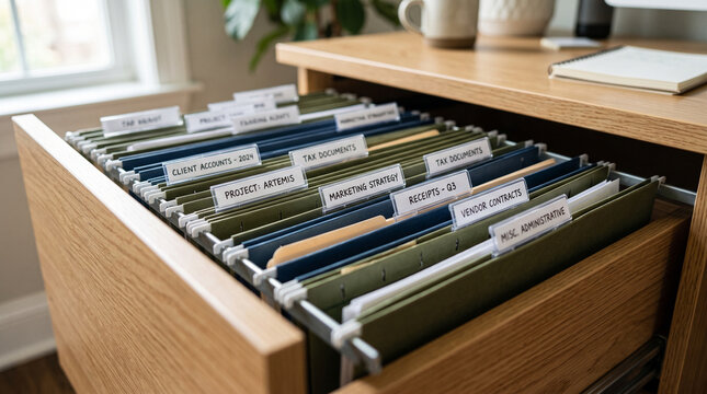 Labeled hanging file folders neatly arranged inside an open wooden office drawer. Concept of file cabinet, filing system, document organization, office cabinet. Copy space.