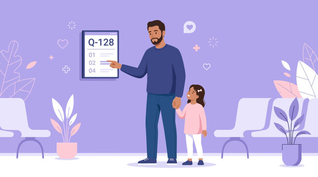 Father and Daughter Waiting Room Queue Number Appointment Medical Visit