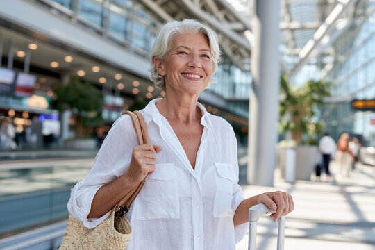 Bright smiles greet travelers at bustling airport terminal. Lady pulls suitcase, holds tote bag, poised for journey. Modern glass roof lets sunlight pour in, casting warm glow