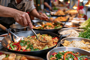 Obraz premium Busy hands serve vibrant, sizzling Thai stir-fry dishes. Colorful peppers, herbs, and rice fill woks and bowls. Steam rises as food is ladled onto plates with care. The scene exudes warmth, abundance