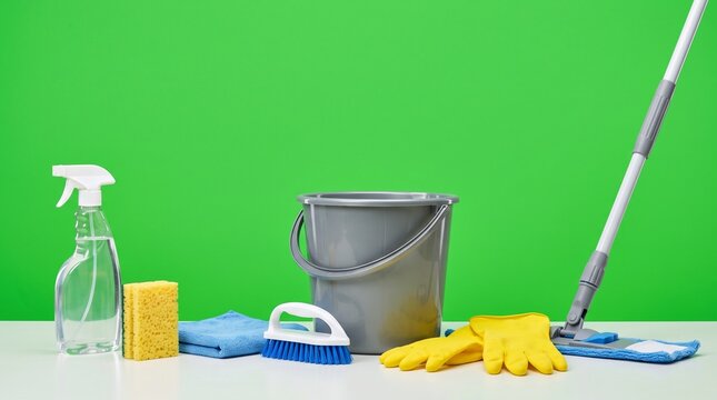 Cleaning supplies arranged on a green background.