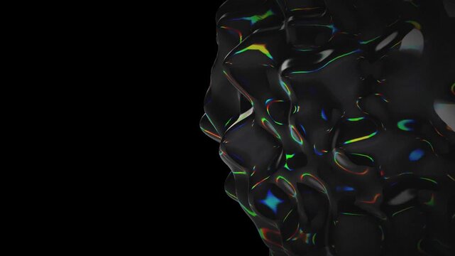 Abstract dark liquid surface with iridescent reflections, dynamic texture, and a mysterious, fluid form.