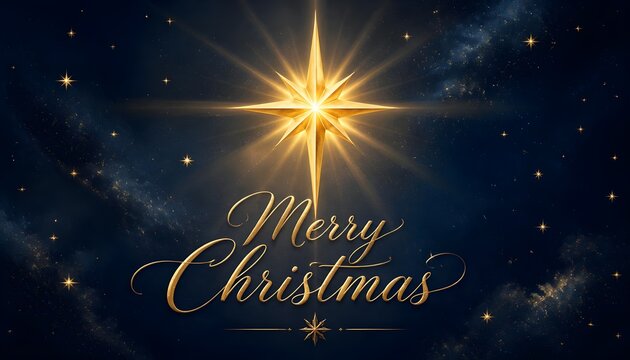 Merry Christmas Spiritual Holiday Banner Concept with Radiant Golden Star of Bethlehem and Calligraphy Script on Deep Blue Starry Night Sky