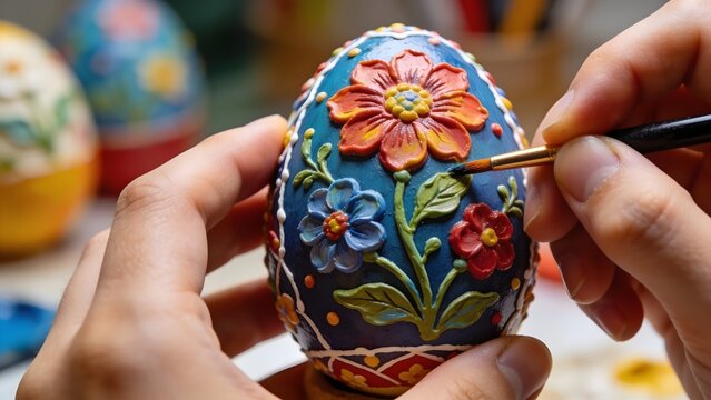 Macro Shot Hands Painting Intricate Patterns onto Decorative Easter Egg Craft