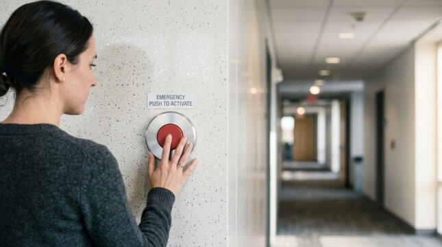 Woman's hand pressing emergency button on speckled wall in modern office hallway with bokeh background