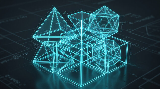 Glowing blue geometric wireframe shapes resting on a dark technical schematic background with measurement lines with mathematical measurement annotations