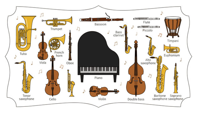 Classical Orchestral Musical Instruments Vector Set with Piano, Violin, Cello, Saxophone, Trumpet, Flute, and Timpani Symbols for Education and Posters