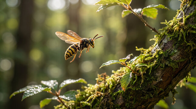 Small hornet flying near mossy tree branch in sunny summer forest nature macro shot. Concept of wasp, flying insect, insect, wings. Copy space.
