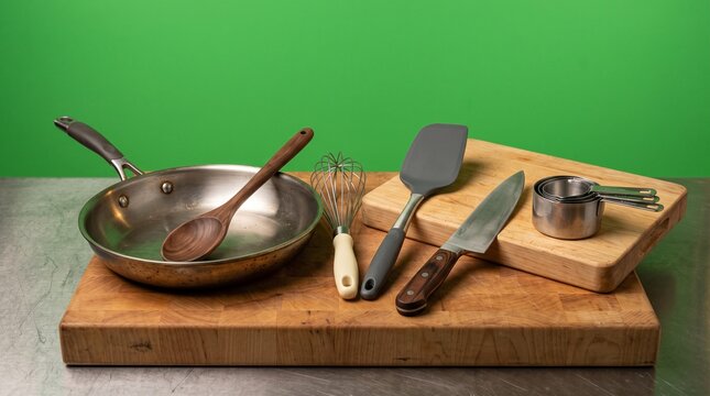 Kitchen utensils and copper pan on wooden cutting board.