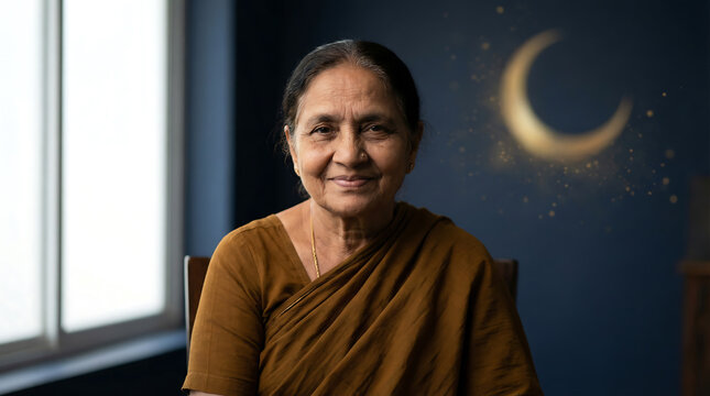 Senior Indian woman smiling serenely in dimly lit room with golden crescent moon on dark blue wall wearing brown saree