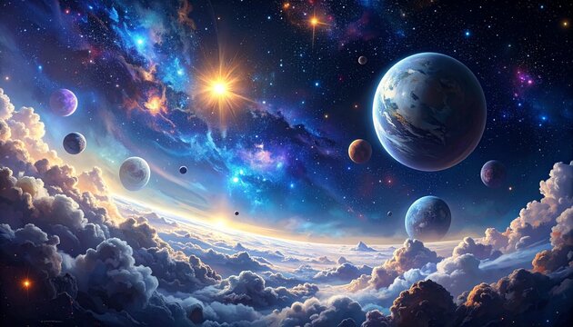 Vast cosmic landscape filled with countless stars, distant moons, spherical planets, tiny cosmic particles and soft clouds of interstellar dust, extremely wide distant view.