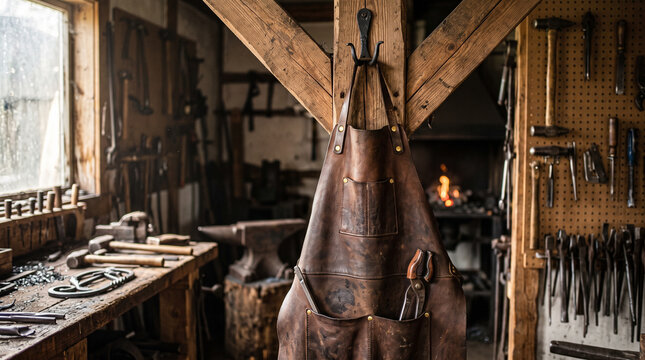 Vintage brown leather apron hanging on hook in authentic blacksmith workshop with tools and forge fire. Concept of blacksmith shop, craft.