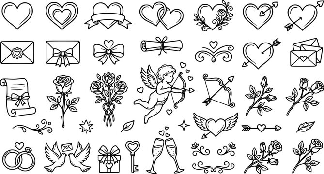 Valentines Day Romantic Line Art Vector Set Hearts Love Letters Roses and Cupids Bow
