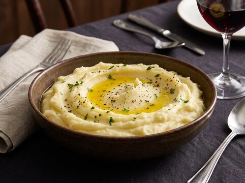 Creamy mashed potatoes with olive oil in a bowl on a dark table