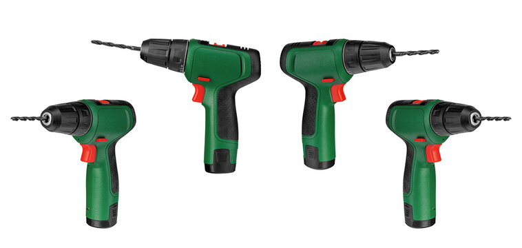 Symmetrical arrangement of four cordless power drills with drill bits isolated on white backdrop. Graphic design asset for hardware catalogs, banners, and tool promotion