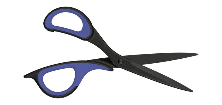 Open black metal shears symbolizing grand opening event, financial cost reduction, retail sale discount template on clean background