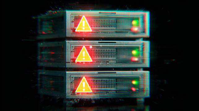 Digital server rack displaying critical error warning icons with intense neon glitch effect on black background