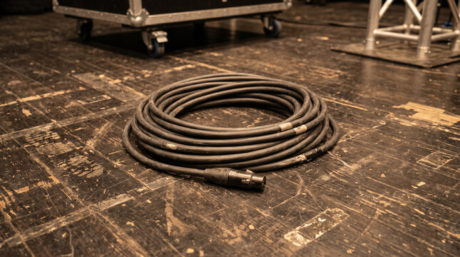Coiled black lighting cable lying on dark wooden stage floor before event performance. Concept of power cable, wire, stage equipment, electric.