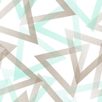 Modern dotwork triangles vector seamless pattern. Geometric tileable background with dots texture. Gradient triangles of halftone dots seamless ornament. Wallpaper print.