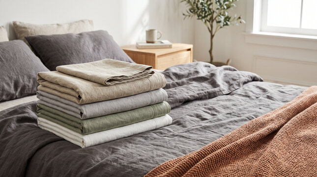 Stack of folded natural linen bed sheets resting on neatly made bed in bright bedroom interior. Concept of home textile. Copy space.