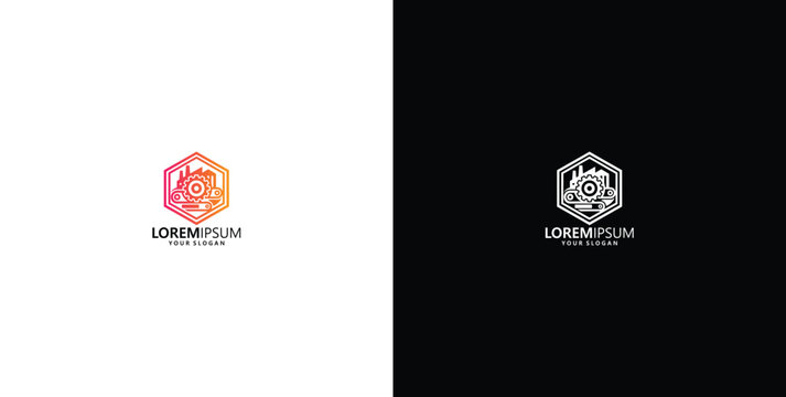 Hexagon factory logo template featuring a futuristic industrial manufacturing design with gears and city skyline elements in vector format