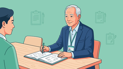 Fototapeta premium Elderly man discussing blueprints with younger man at desk, transparent background