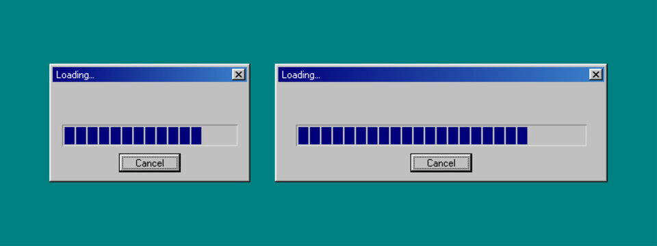 Retro computer window with loading progress bar on blue background. Vintage operating system interface dialog. Old software download and installation concept. Nostalgic gui design.