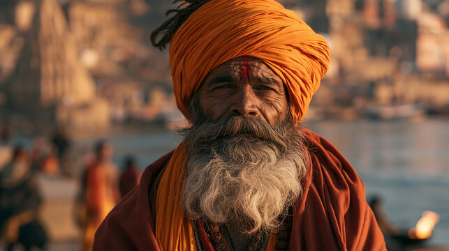 Sadhu with a white beard and orange turban standing near a river during daylight.